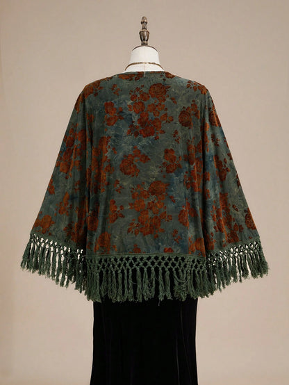 ROMWE Velvet Printed Pattern Hippie Style Mori Girl Tassel Decor Plus Size Jacket