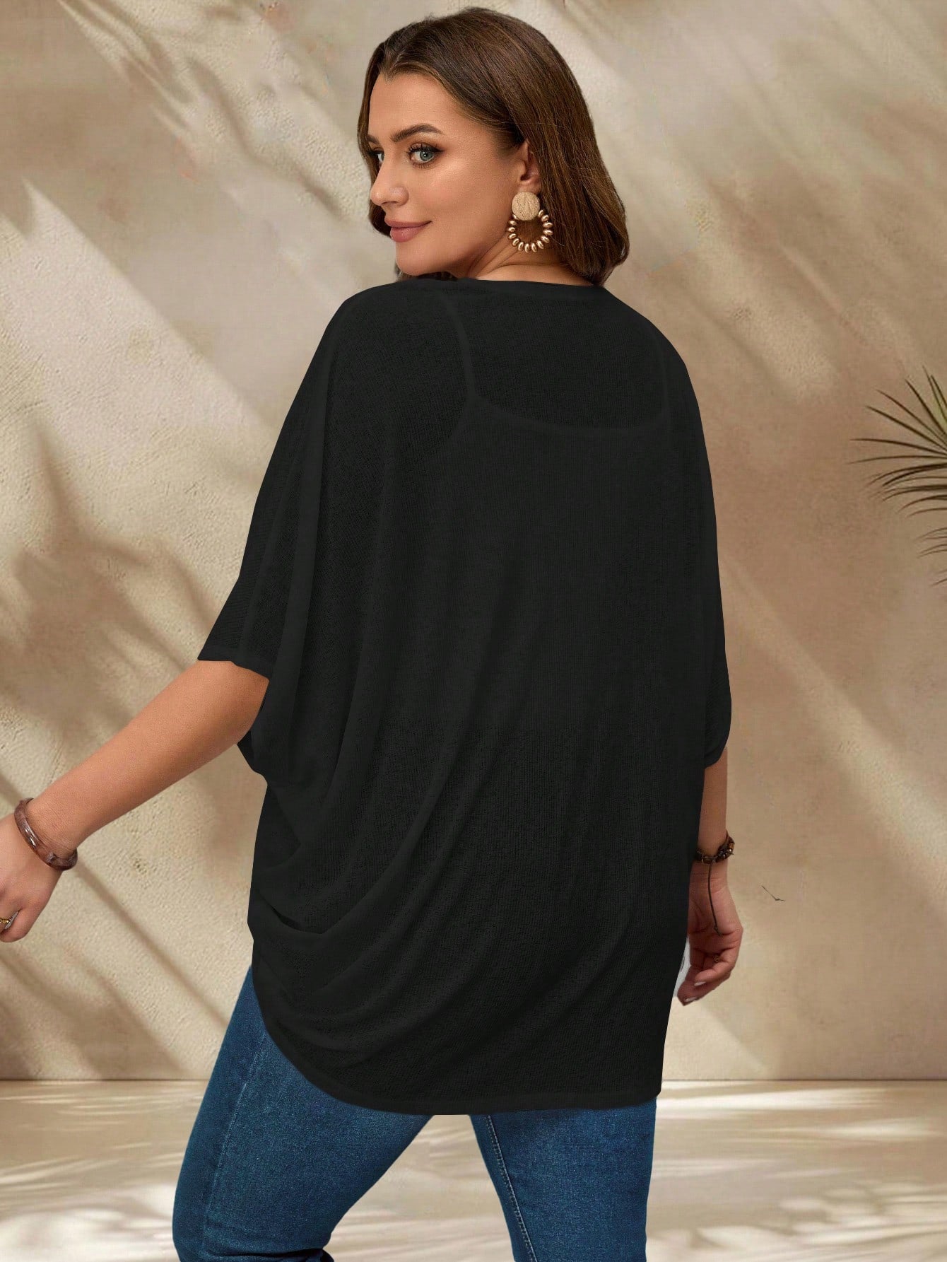 Rosumi Plus Size Vacation Solid Color Asymmetric Hem Batwing Sleeve Casual Jacket,Spring/Summer Winter Fall Autumn