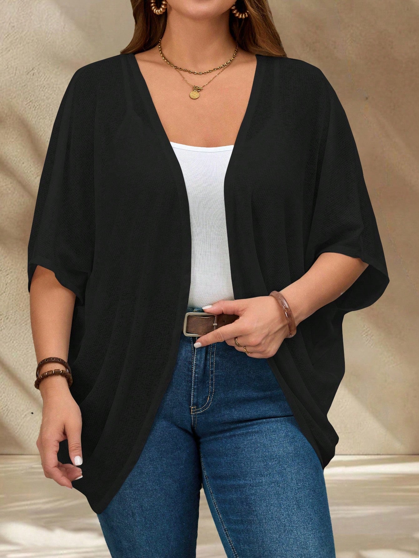 Rosumi Plus Size Vacation Solid Color Asymmetric Hem Batwing Sleeve Casual Jacket,Spring/Summer Winter Fall Autumn