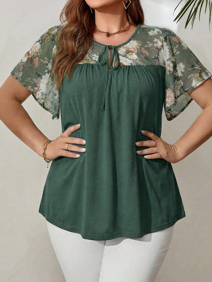 Rosumi Plus Size Women'S Floral Print Tie-Down Black Top For Spring, Summer Tops