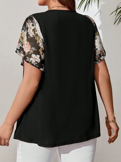 Rosumi Plus Size Women'S Floral Print Tie-Down Black Top For Spring, Summer Tops