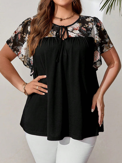 Rosumi Plus Size Women'S Floral Print Tie-Down Black Top For Spring, Summer Tops