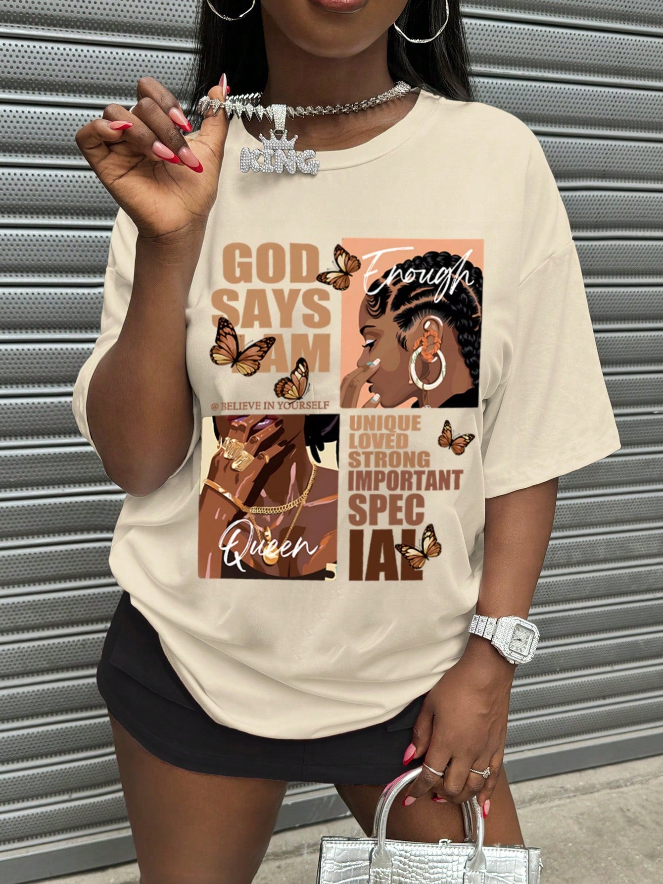 Rovax Plus Size Letter & Portrait Print Crew Neck Casual Versatile Short Sleeve T-Shirt Graphic Tees Women Tops