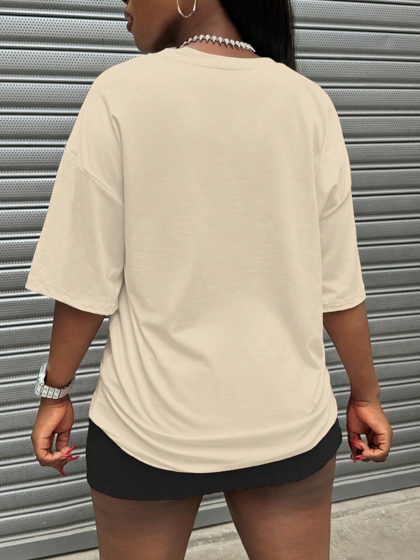 Rovax Plus Size Letter & Portrait Print Crew Neck Casual Versatile Short Sleeve T-Shirt Graphic Tees Women Tops