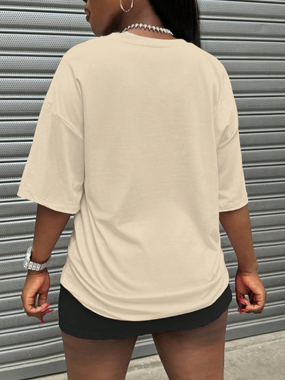 Rovax Plus Size Letter & Portrait Print Crew Neck Casual Versatile Short Sleeve T-Shirt Graphic Tees Women Tops