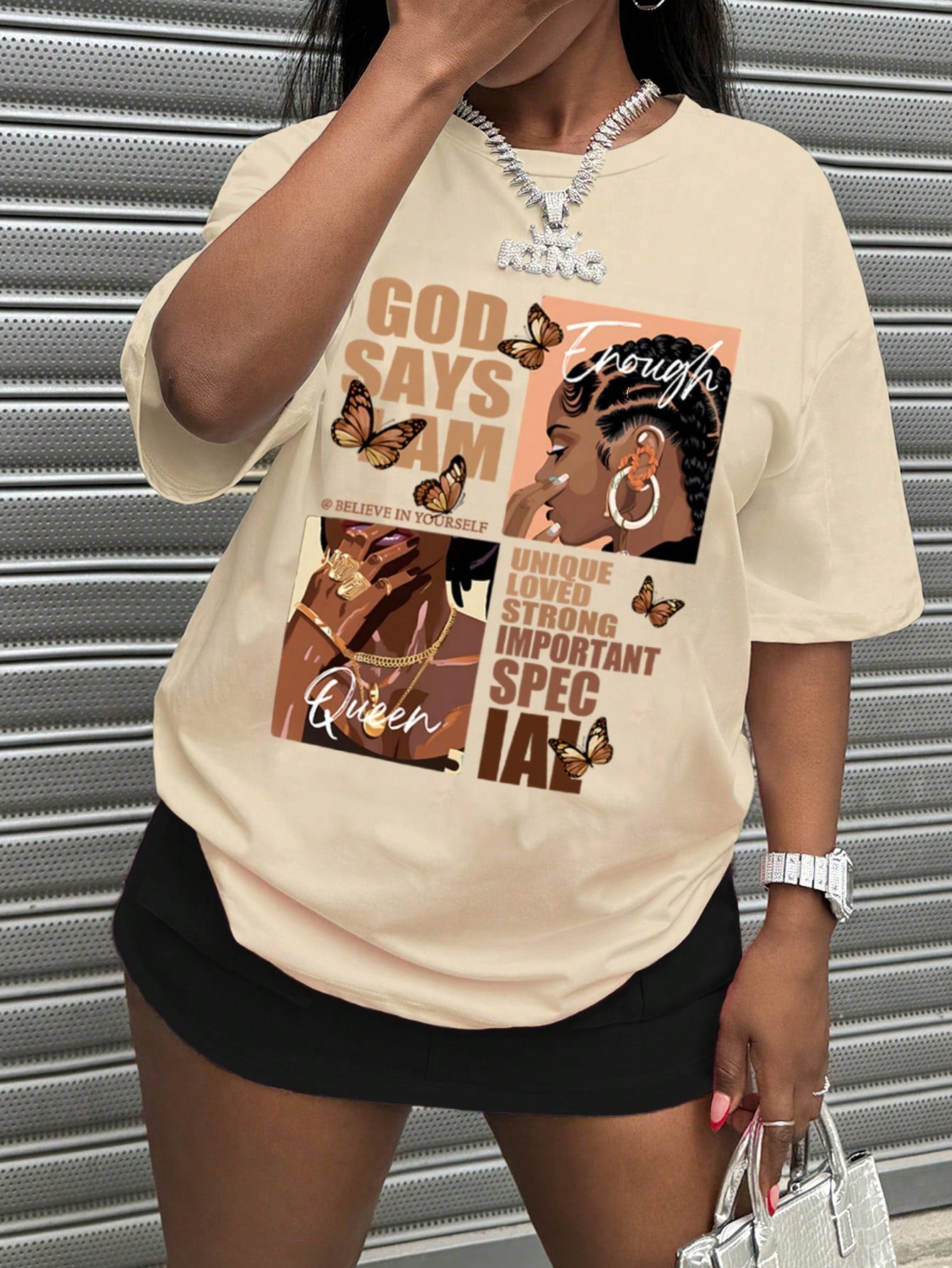 Rovax Plus Size Letter & Portrait Print Crew Neck Casual Versatile Short Sleeve T-Shirt Graphic Tees Women Tops