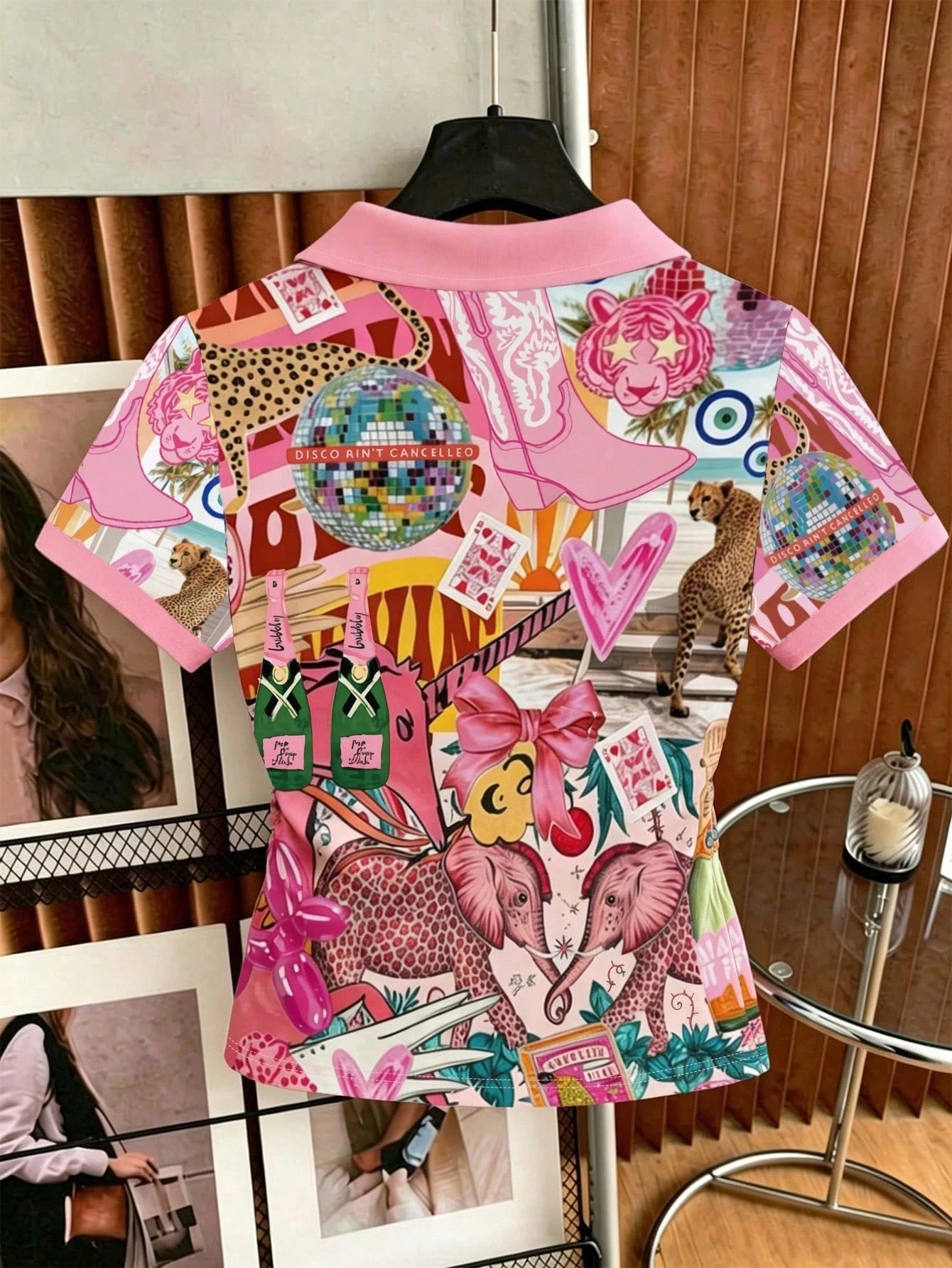 Rovax Plus Size Women's Cinched Waist PL No-Button T-Shirt, Summer Casual Wear, Graphic Design, Daily Casual Outfit, Commuter Style, Outdoor Shopping, Full Fortune Pink Animal Heart Print Pattern, Leo