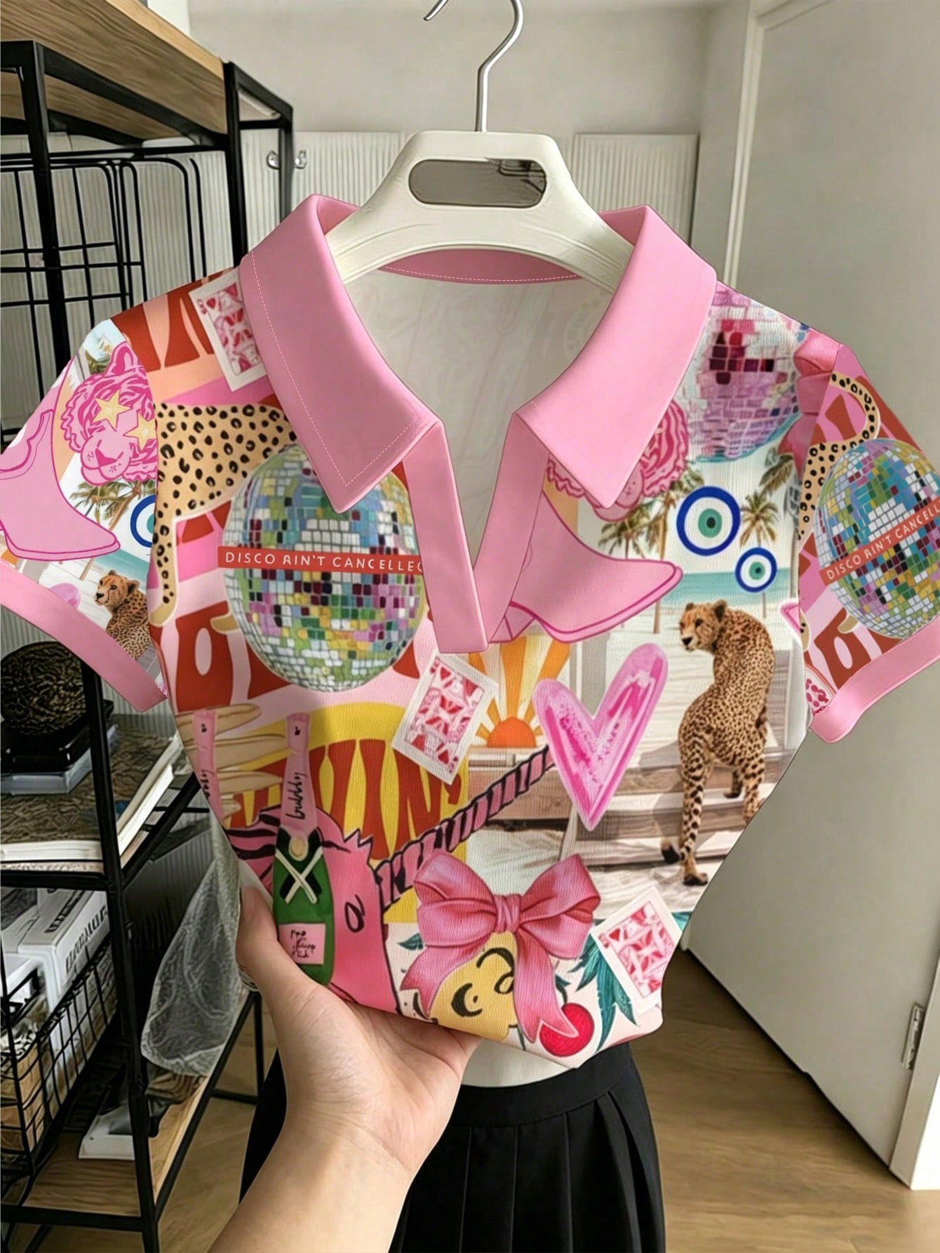Rovax Plus Size Women's Cinched Waist PL No-Button T-Shirt, Summer Casual Wear, Graphic Design, Daily Casual Outfit, Commuter Style, Outdoor Shopping, Full Fortune Pink Animal Heart Print Pattern, Leo