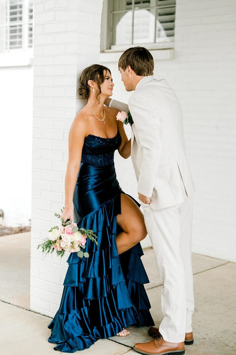 Royal Blue Mermaid Strapless Appliques Ruffle Prom Dress with Slit