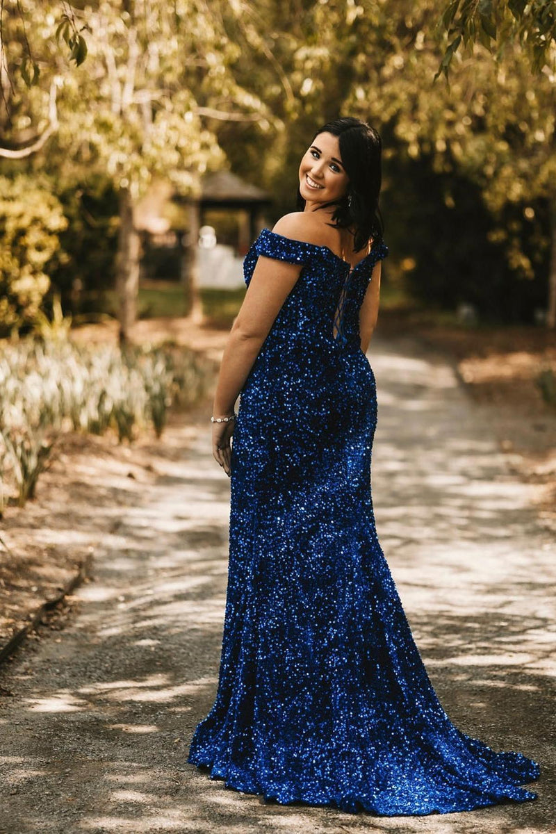 Royal Blue Sequin Off the Shoulder Mermaid Long Prom Dress