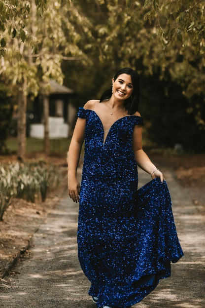 Royal Blue Sequin Off the Shoulder Mermaid Long Prom Dress
