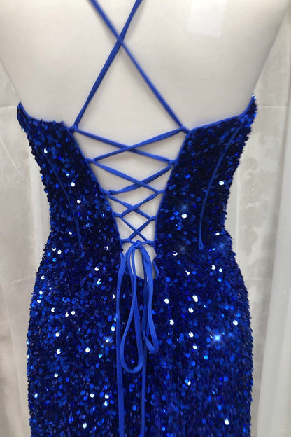 Royal Blue Sequin Straps Mermaid Long Prom Dress