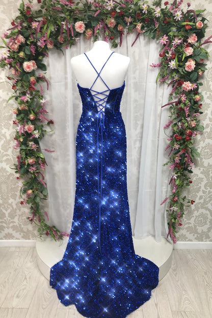 Royal Blue Sequin Straps Mermaid Long Prom Dress