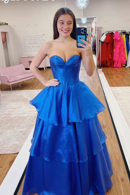 Royal Blue Strapless Corset A-line Long Formal Dress
