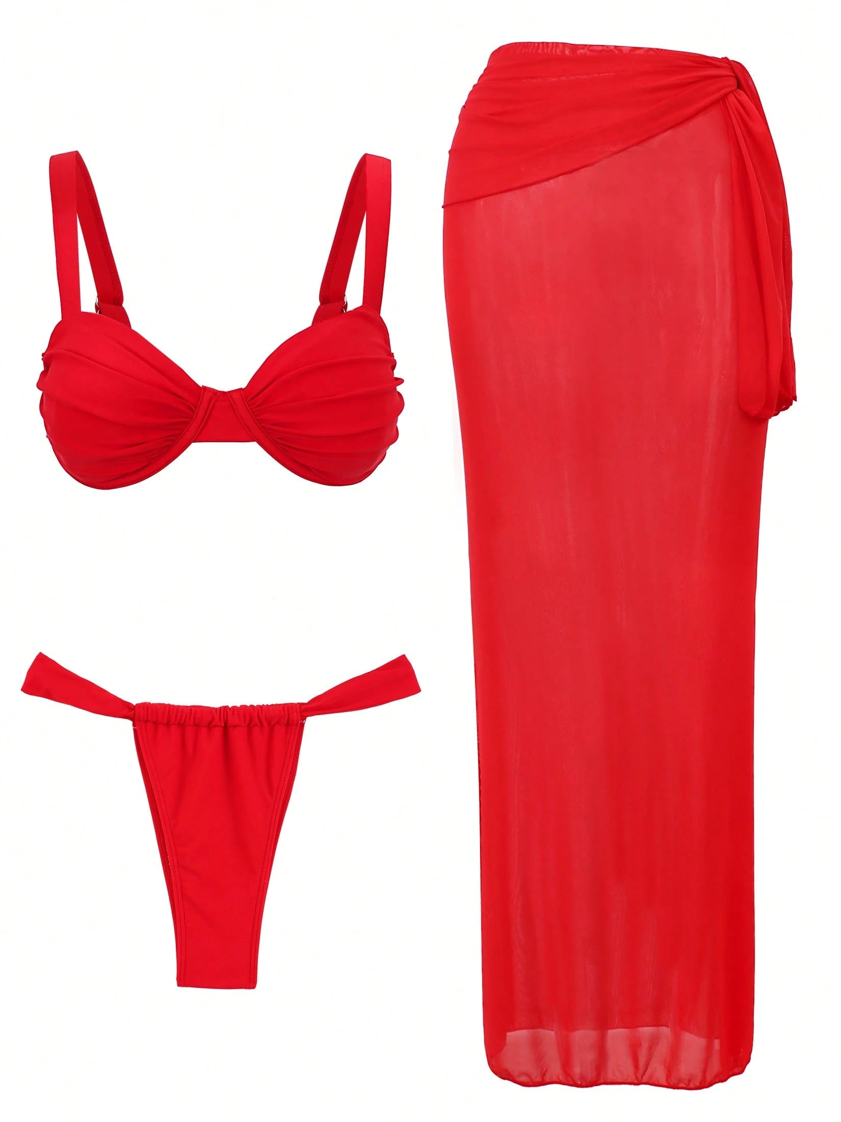 Ruched 3-Piece Bikini Set Thong Bathing Suit With Sheer Skirt Coverup 2026 Holiday Outfit Swimsuit Sexy Women Summer Vacation Beachwear Swimwear Sets