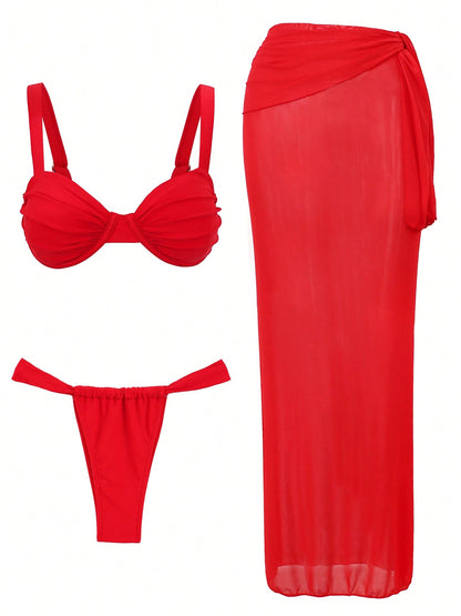 Ruched 3-Piece Bikini Set Thong Bathing Suit With Sheer Skirt Coverup 2026 Holiday Outfit Swimsuit Sexy Women Summer Vacation Beachwear Swimwear Sets