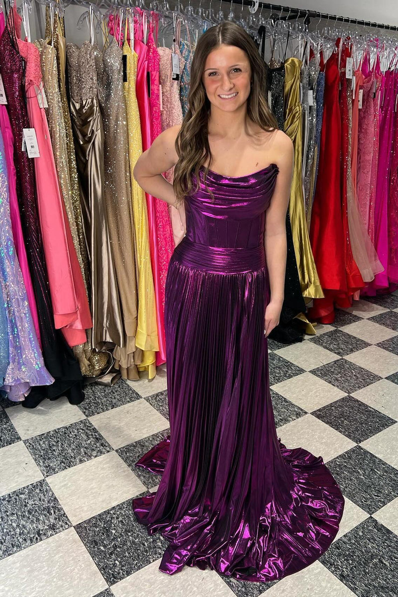 Ruched Strapless Green Metallic A-line Long Formal Dress