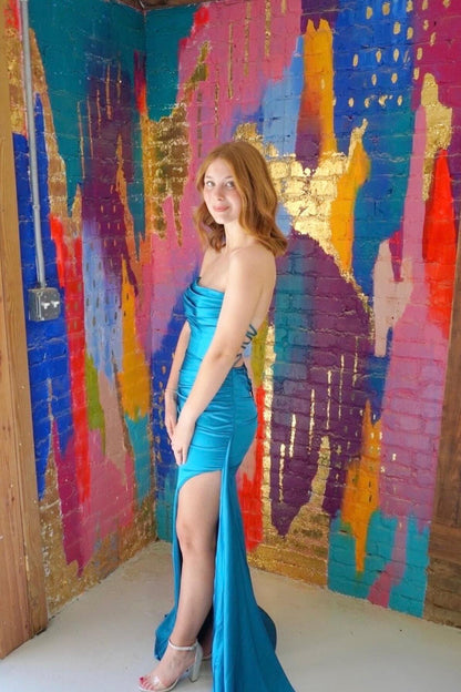 Ruched Teal Blue Satin Mermaid Prom Dress