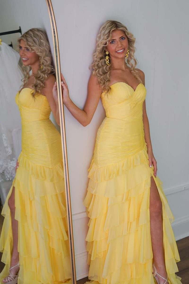 Ruched Yellow Ruffle Fitted Long Prom Dress with Slit