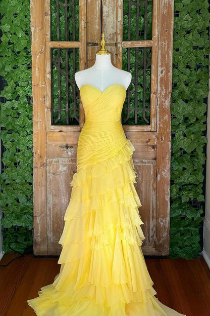 Ruched Yellow Ruffle Fitted Long Prom Dress with Slit