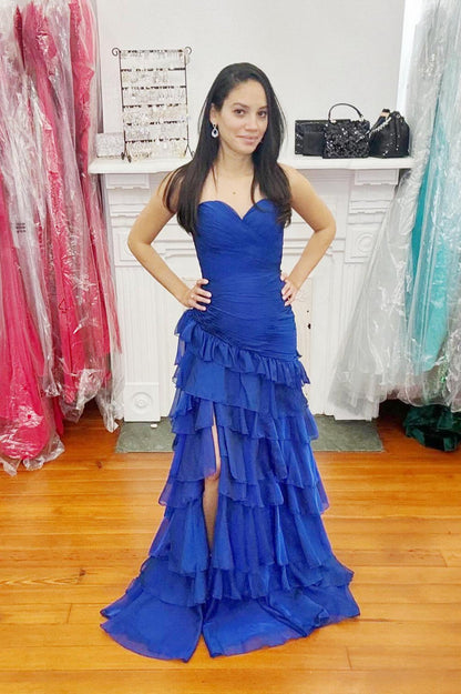 Ruched Yellow Ruffle Fitted Long Prom Dress with Slit