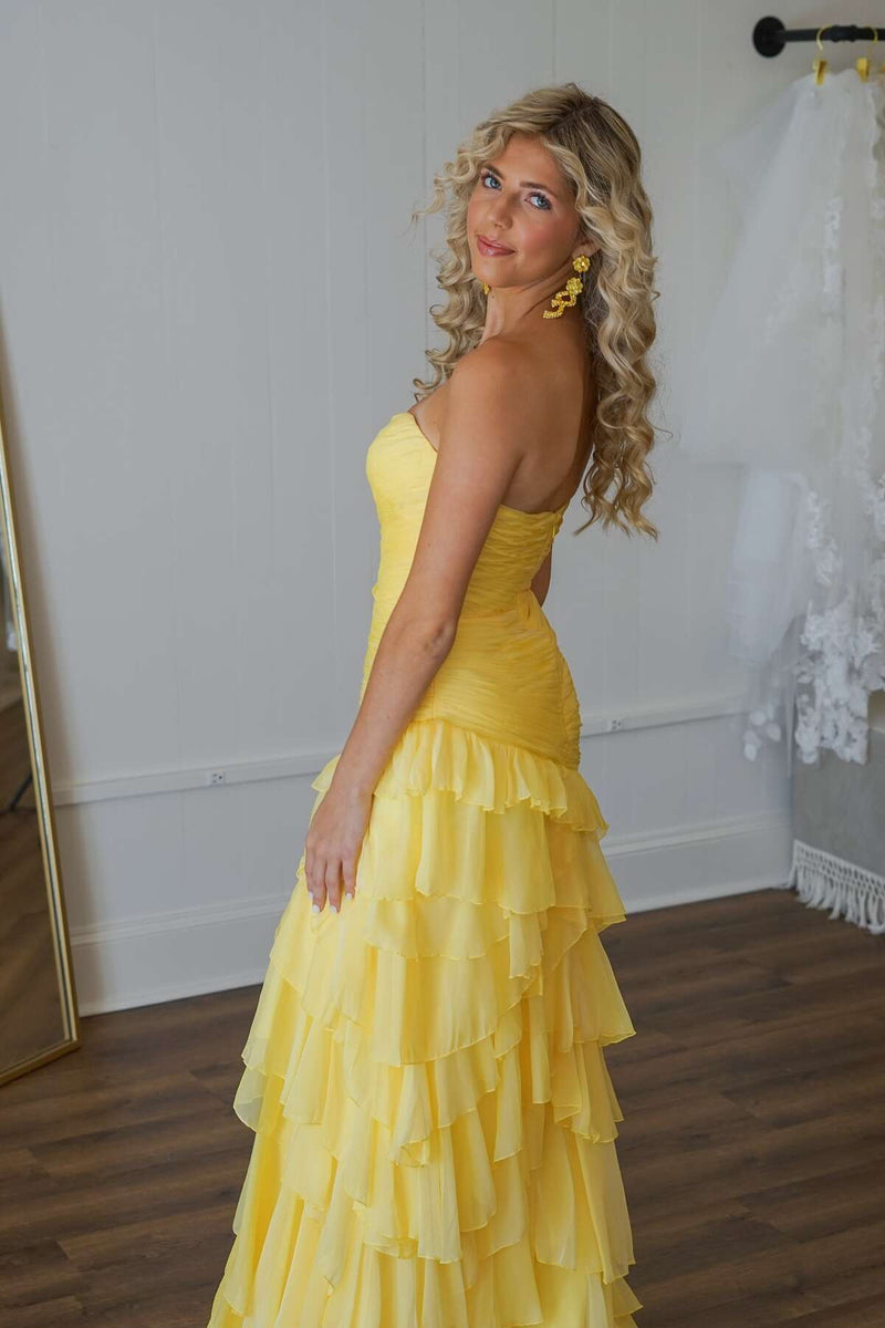 Ruched Yellow Ruffle Fitted Long Prom Dress with Slit
