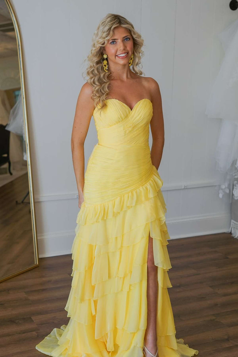 Ruched Yellow Ruffle Fitted Long Prom Dress with Slit