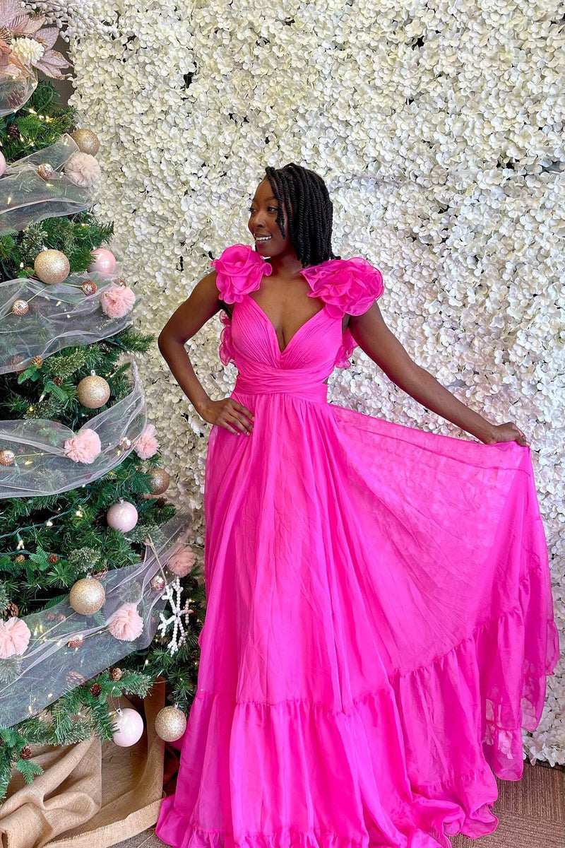 Ruffles Fuchsia Chiffon A-line Boho Dress