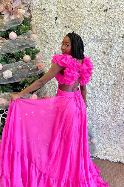 Ruffles Fuchsia Chiffon A-line Boho Dress