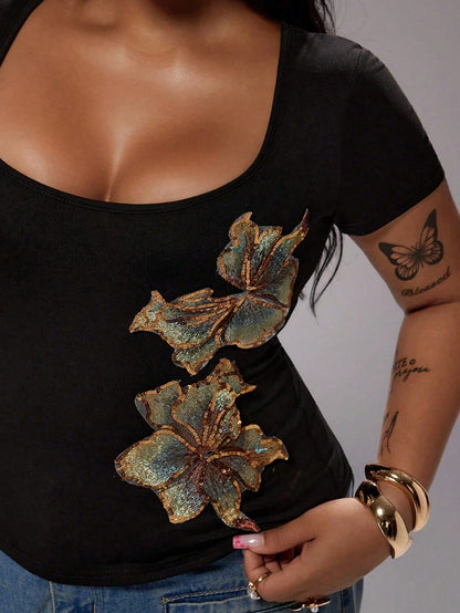 Rustia Plus Size Summer Casual Sequin Floral Embroidered T-Shirt