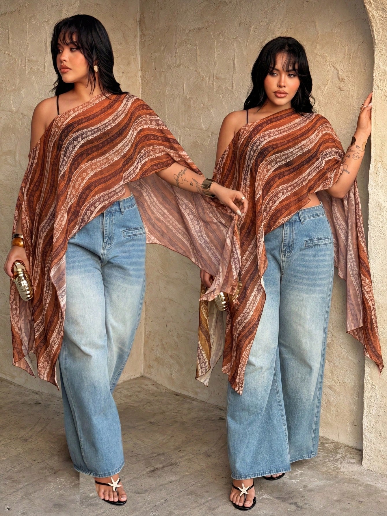 Rustia Plus Size Women's Fashionable Elegant Leopard Print Asymmetrical Asymmetric Semi-Sheer Chiffon Blouse Shawl Fall