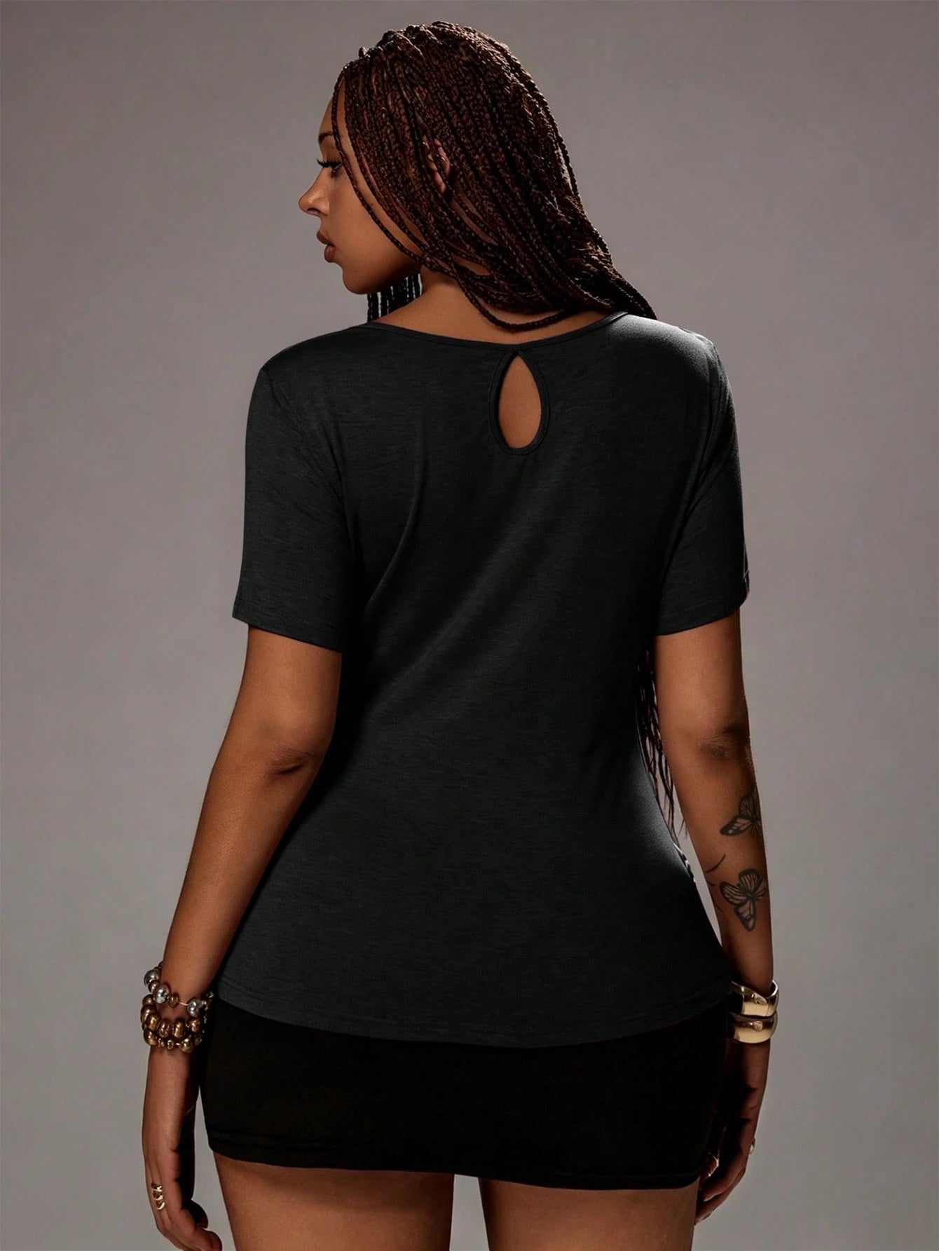 Rustia Plus Size Women's Grey T-Shirt, Elegant And Professional Square Neck With Front Ruffle Cross Short Sleeve, Graceful And Generous Short Sleeve Summer 2 In 1 Cinched Waist Slim Fit Multi-Layered