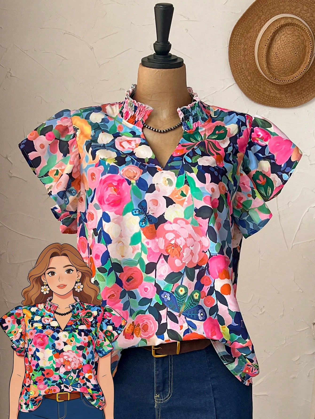 Rusticease Plus Size Navy Blue Print Casual Boho Summer Spring Country Style Blouse Vacation