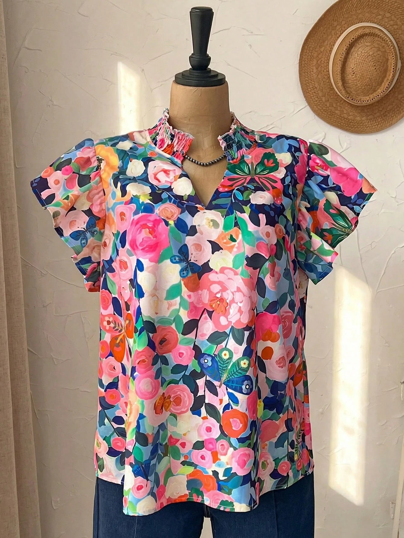 Rusticease Plus Size Navy Blue Print Casual Boho Summer Spring Country Style Blouse Vacation