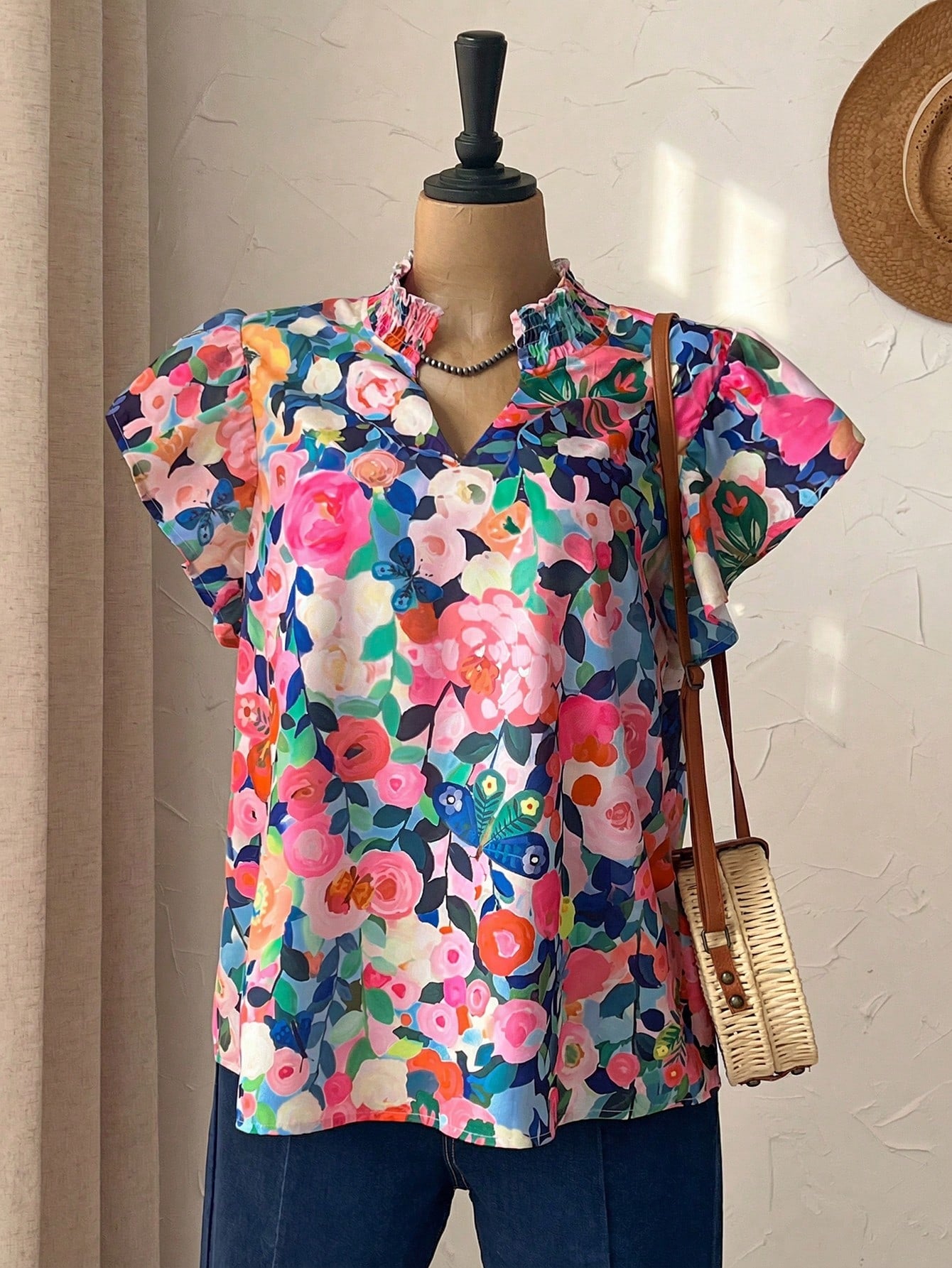 Rusticease Plus Size Navy Blue Print Casual Boho Summer Spring Country Style Blouse Vacation