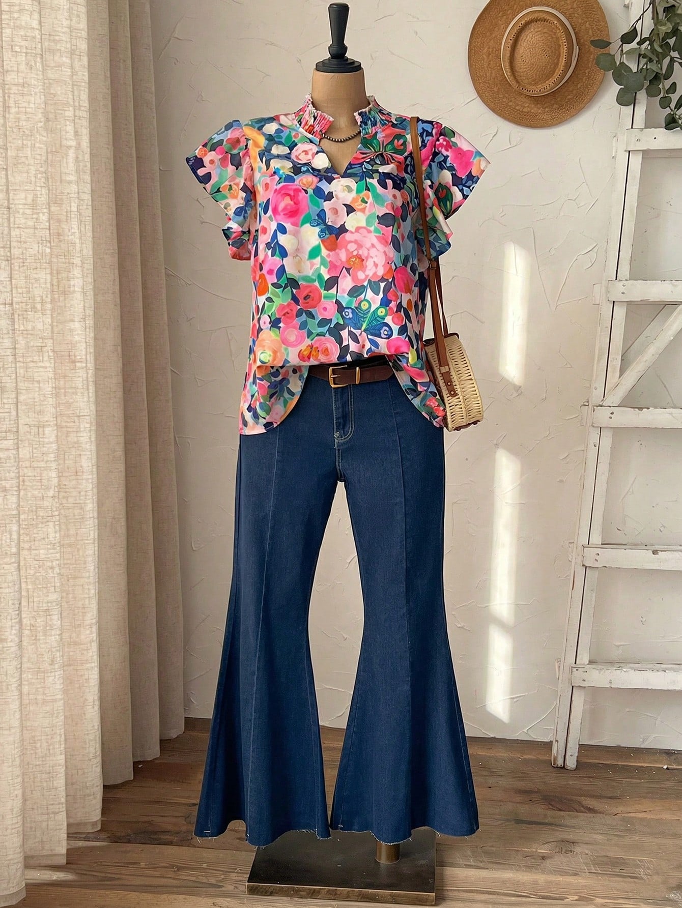 Rusticease Plus Size Navy Blue Print Casual Boho Summer Spring Country Style Blouse Vacation