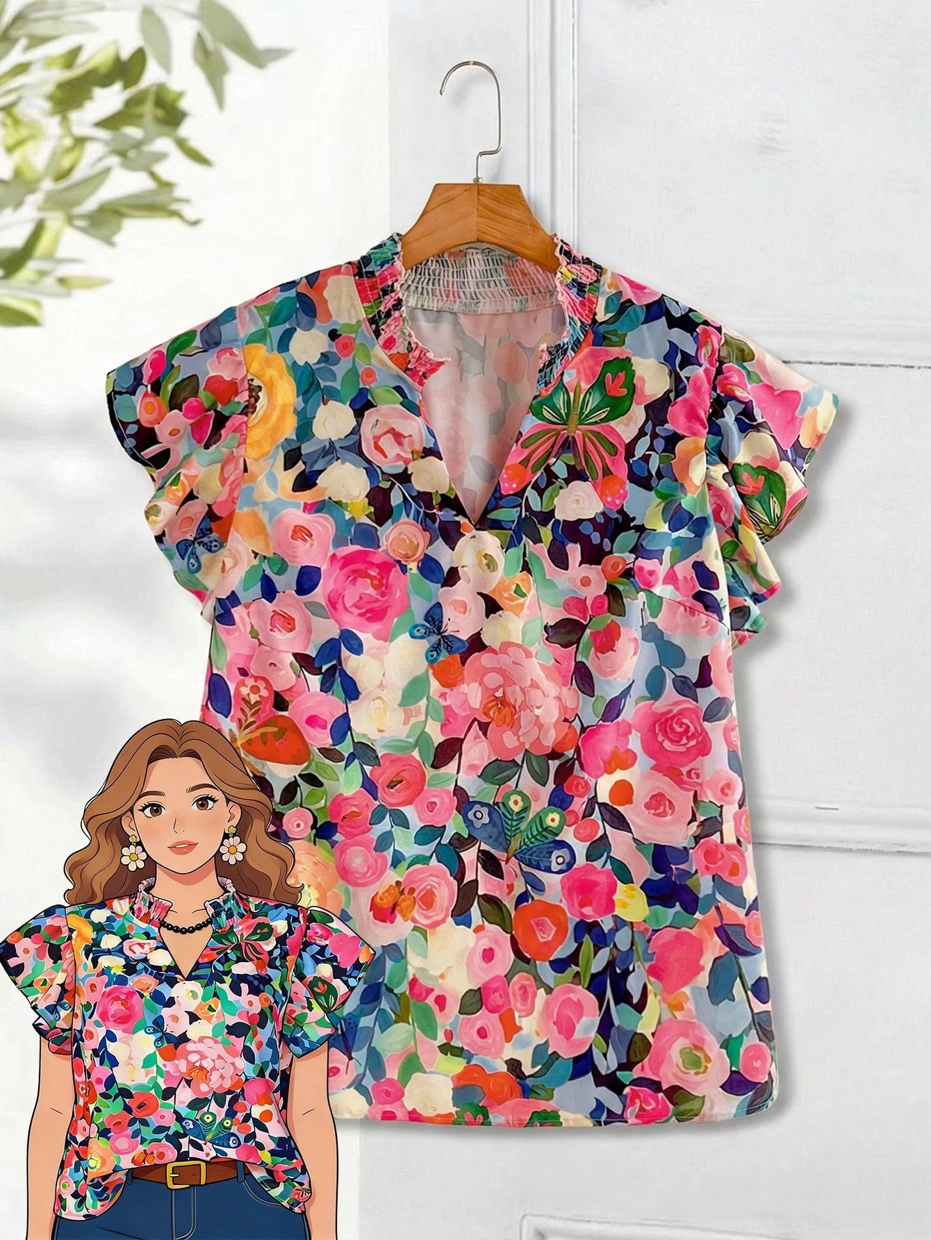 Rusticease Plus Size Navy Blue Print Casual Boho Summer Spring Country Style Blouse Vacation