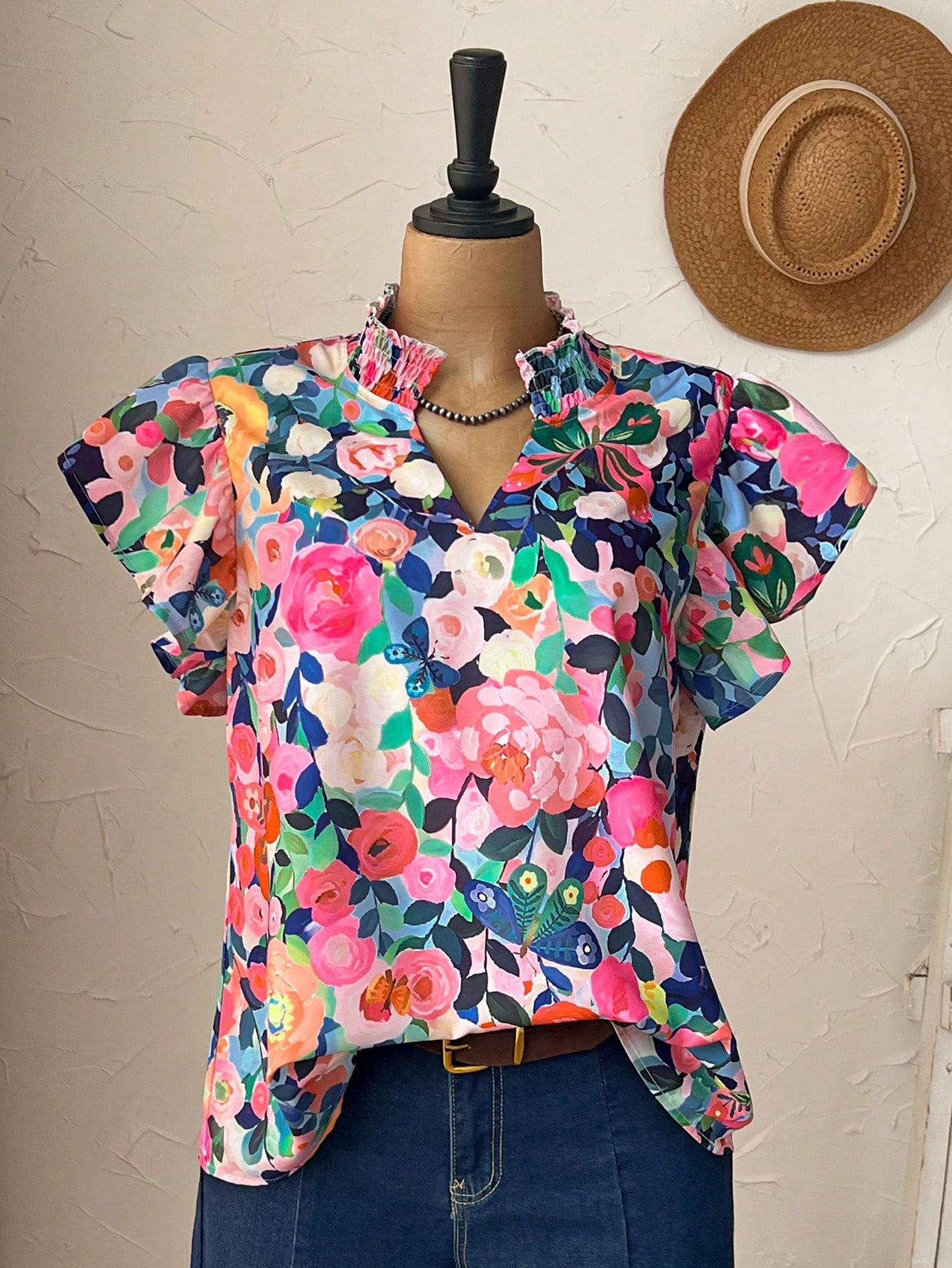 Rusticease Plus Size Navy Blue Print Casual Boho Summer Spring Country Style Blouse Vacation