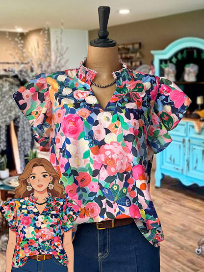 Rusticease Plus Size Navy Blue Print Casual Boho Summer Spring Country Style Blouse Vacation