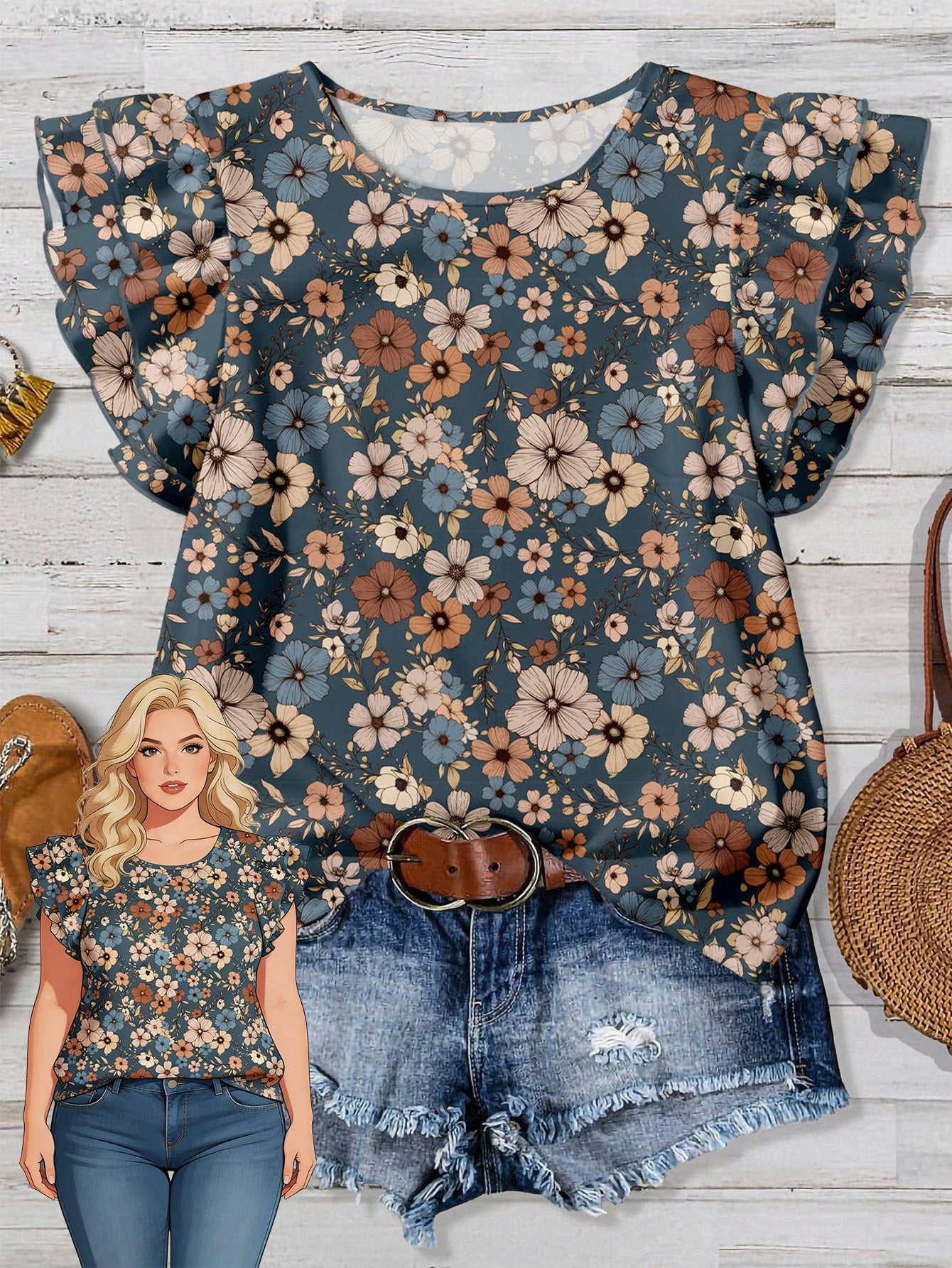 Rusticease Plus Size Women Casual V-Neck Flutter Sleeve Loose Blouse, Retro Floral Print, Suitable For Spring/Summer,Flower/Vacation