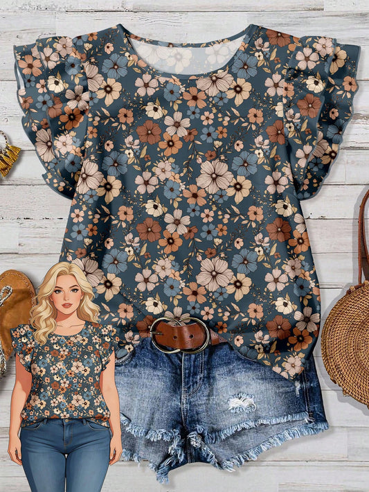 Rusticease Plus Size Women Casual V-Neck Flutter Sleeve Loose Blouse, Retro Floral Print, Suitable For Spring/Summer,Flower/Vacation