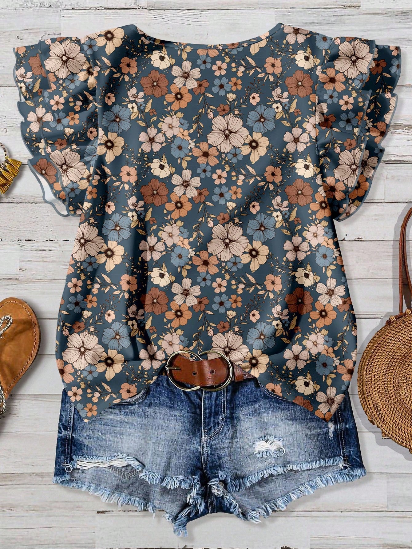 Rusticease Plus Size Women Casual V-Neck Flutter Sleeve Loose Blouse, Retro Floral Print, Suitable For Spring/Summer,Flower/Vacation