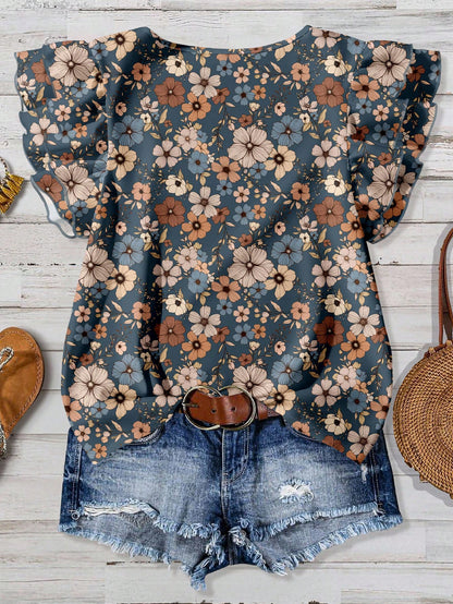 Rusticease Plus Size Women Casual V-Neck Flutter Sleeve Loose Blouse, Retro Floral Print, Suitable For Spring/Summer,Flower/Vacation