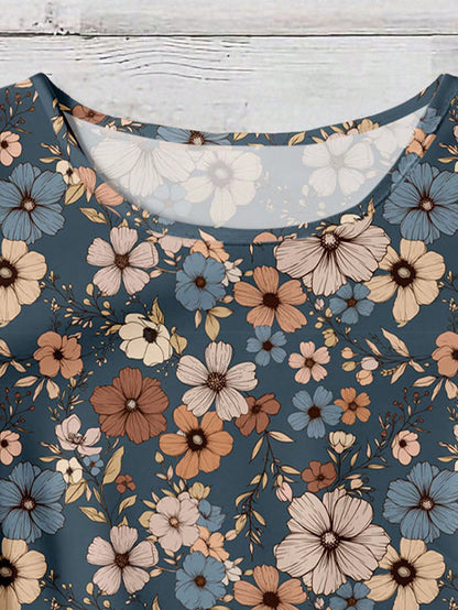 Rusticease Plus Size Women Casual V-Neck Flutter Sleeve Loose Blouse, Retro Floral Print, Suitable For Spring/Summer,Flower/Vacation
