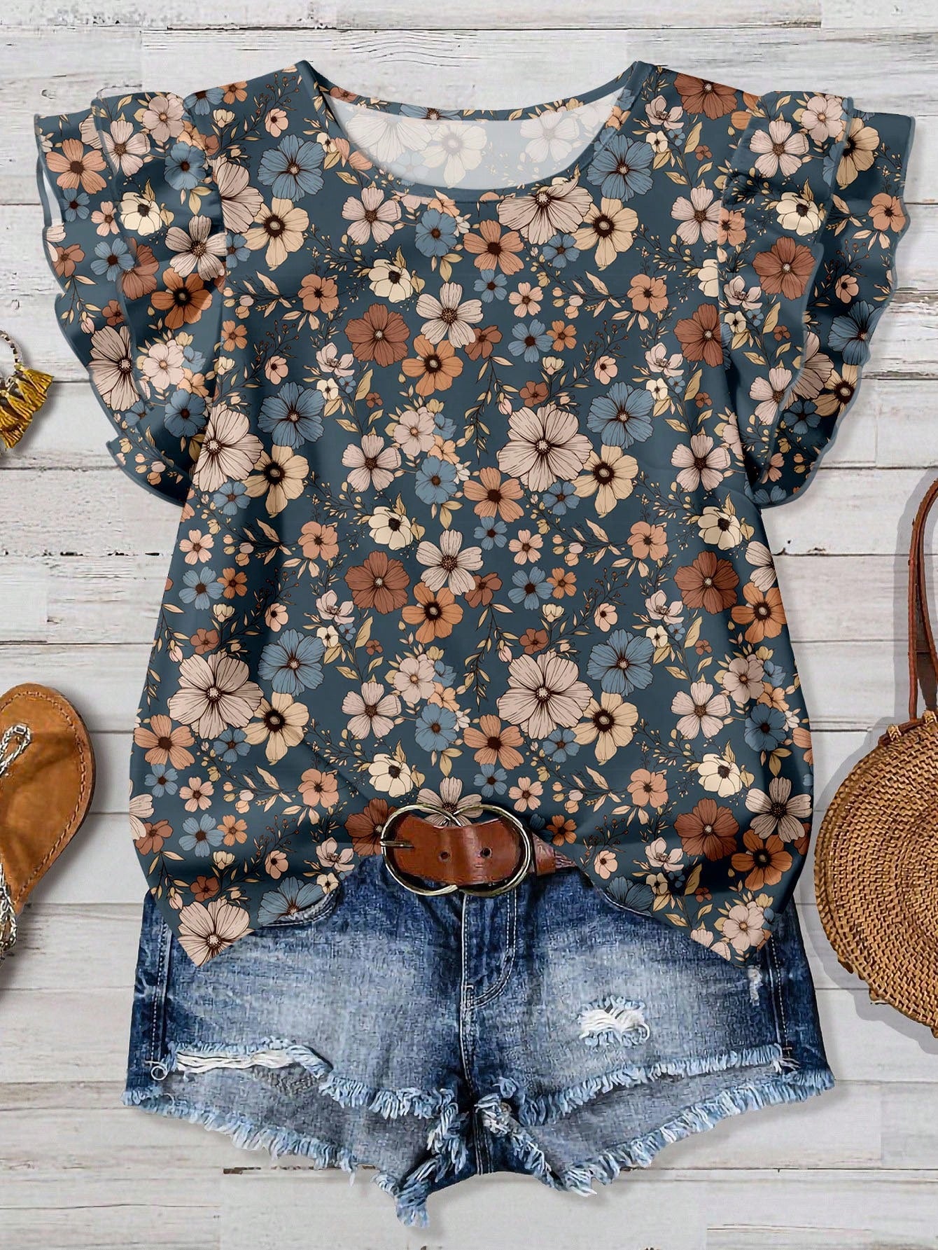 Rusticease Plus Size Women Casual V-Neck Flutter Sleeve Loose Blouse, Retro Floral Print, Suitable For Spring/Summer,Flower/Vacation