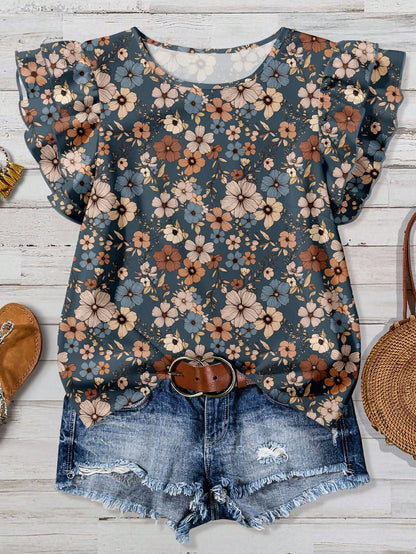 Rusticease Plus Size Women Casual V-Neck Flutter Sleeve Loose Blouse, Retro Floral Print, Suitable For Spring/Summer,Flower/Vacation