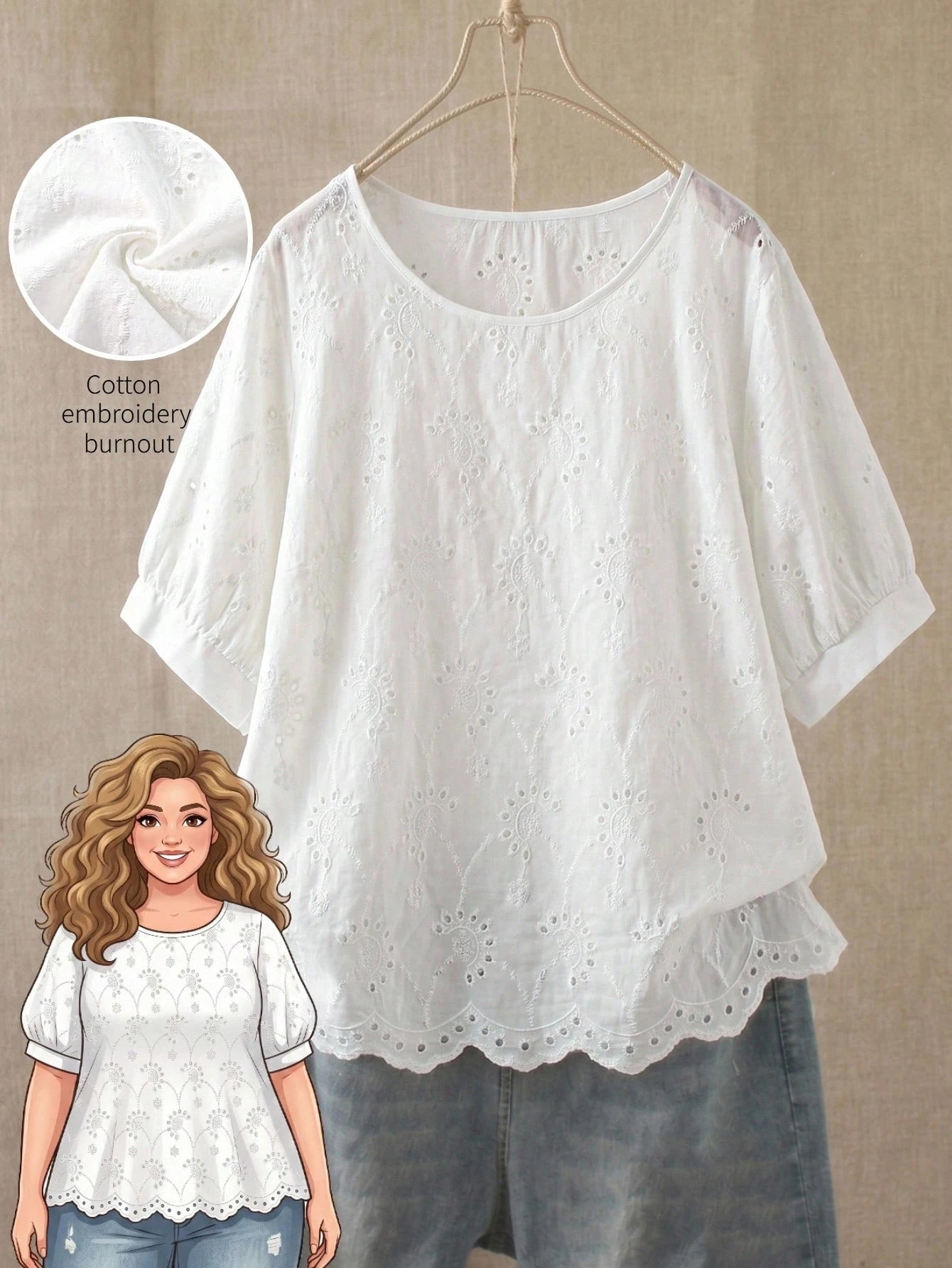 Rusticease Plus Size Women's Hollow Embroidery Round Neck Short Sleeve Casual Shirt Summer Tops Spring Country Style For Women