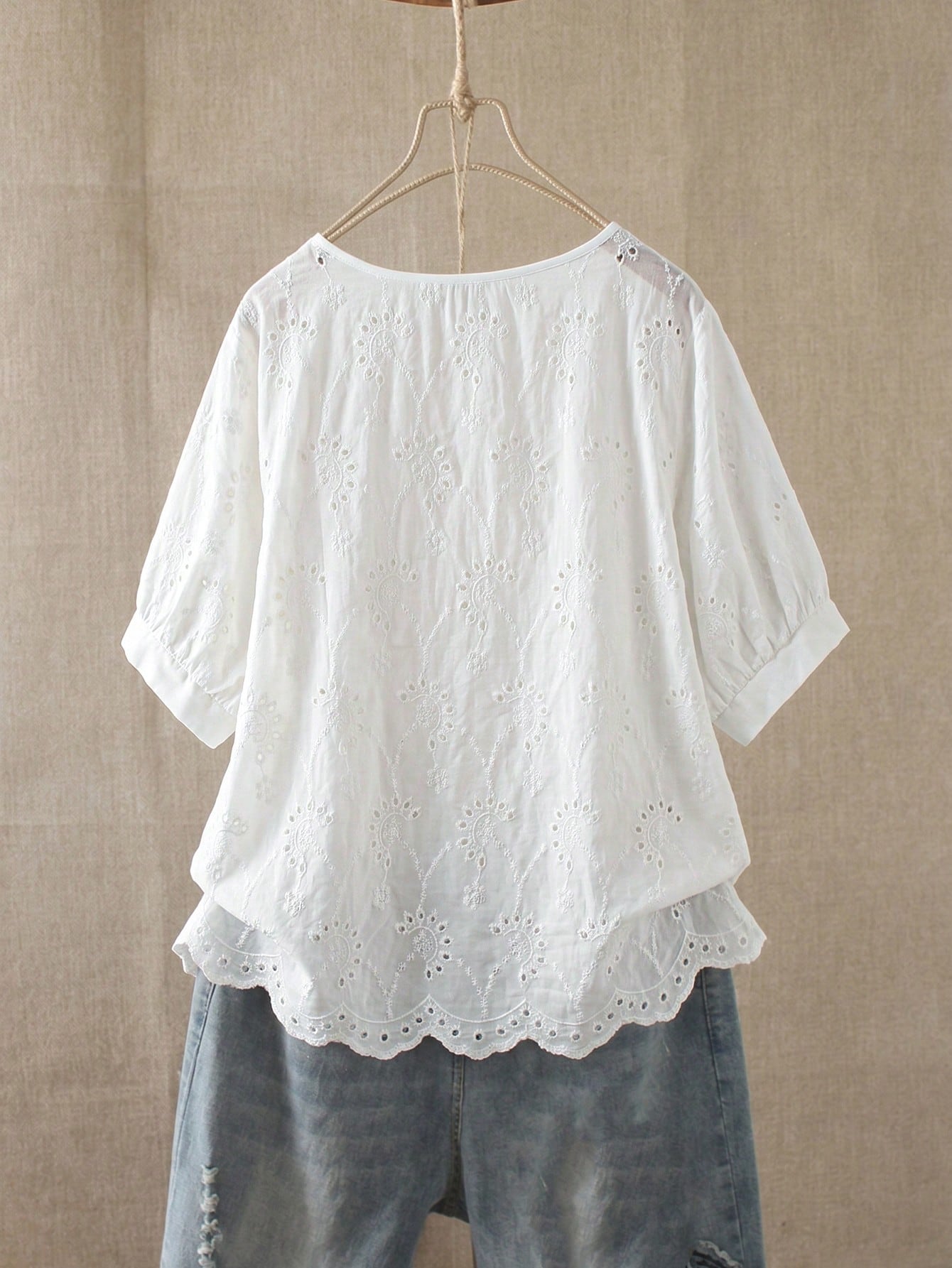 Rusticease Plus Size Women's Hollow Embroidery Round Neck Short Sleeve Casual Shirt Summer Tops Spring Country Style For Women