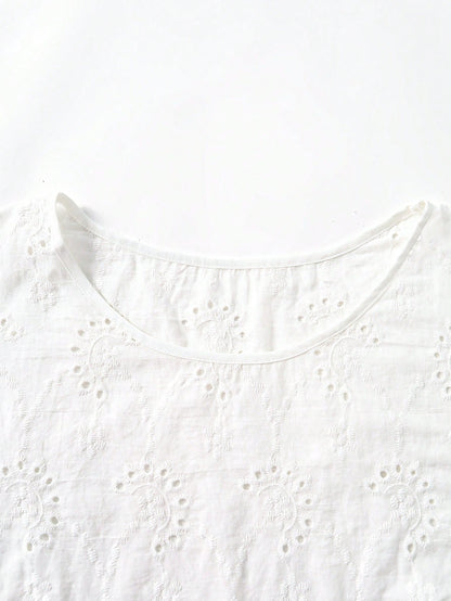 Rusticease Plus Size Women's Hollow Embroidery Round Neck Short Sleeve Casual Shirt Summer Tops Spring Country Style For Women