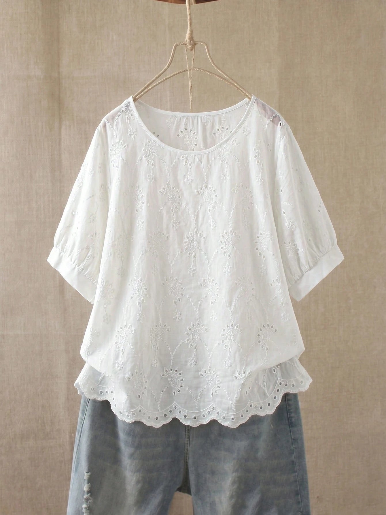 Rusticease Plus Size Women's Hollow Embroidery Round Neck Short Sleeve Casual Shirt Summer Tops Spring Country Style For Women